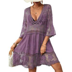 🆕Women Purple Lace Swimwear Cover Up V Neck Beach Dress Vacation Outfit